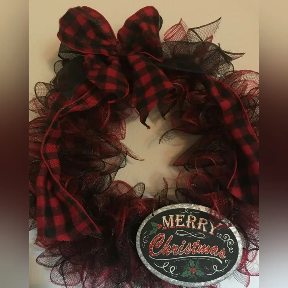 Christmas Holiday Buffalo-check Wreath Handmade Black Red Removable Fina…